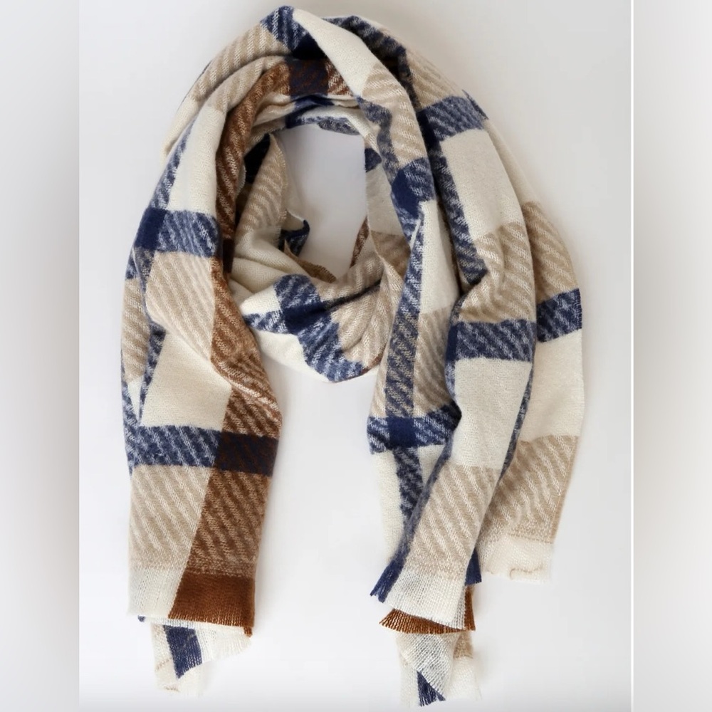 Lulus NWT Warm Up With Me Ivory Multi Plaid Oversized Scarf ONE SIZE